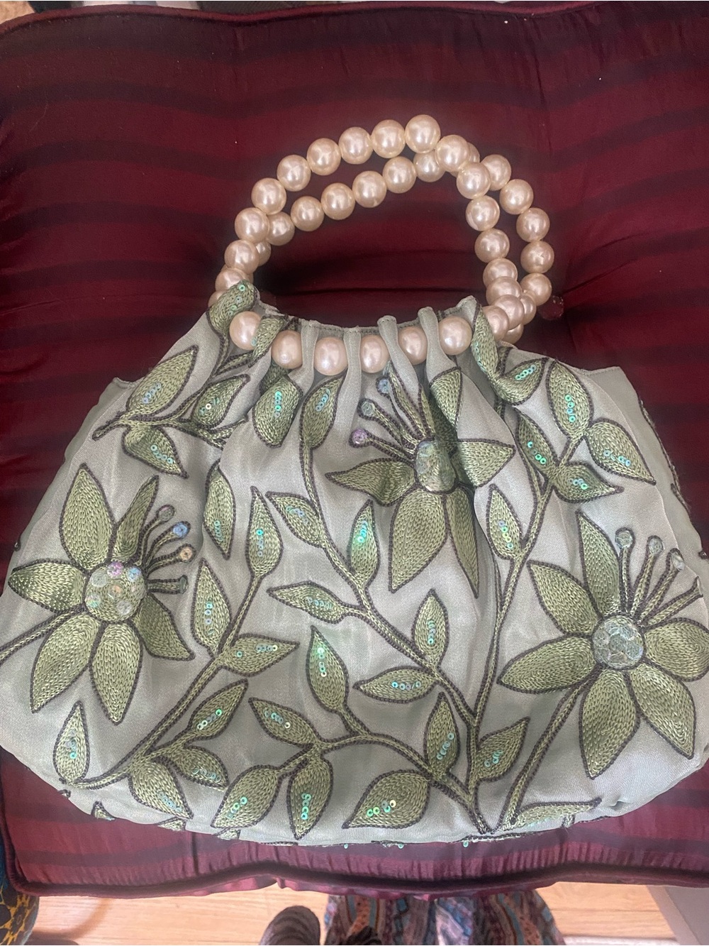 Vintage Y2K Sage Green Satin Embroidered Floral Pearl Top Handle Bag